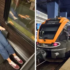Kobieta w wygodnym fotelu w pociągu Leo Express na trasie Warszawa-Kraków. Pociąg na peronie.