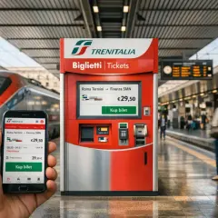 Na dworcu kolejowym, obok czerwonego automatu biletowego Trenitalia, trzymasz smartfon z aplikacją. Na ekranie telefonu widzisz informacje o pociągu, co pomoże Ci sprawdzić z którego peronu odjeżdża pociąg.