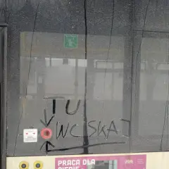 Brudne drzwi pociągu z napisem "TU WCISKAJ" i ikoną przycisku otwierania drzwi.
