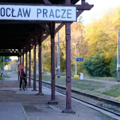 Na stacji Wrocław Pracze, pod drewnianą wiatą, osoba na rowerze czeka na pociąg TLK. Jesienne drzewa w tle.