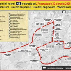 Mapa nocnej linii autobusowej N3 w Bielsku-Białej, trasa WAPNICA CENTRUM - OSIEDLE KARPACKIE - OSIEDLE LANGIEWICZA.