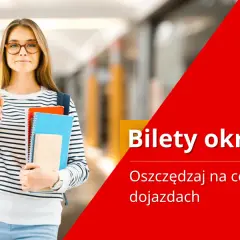 Młoda studentka z zeszytami i ołówkiem, obok napis "Bilety okresowe" i informacja o zniżce 50%. Czy są bilety tygodniowe PKP?