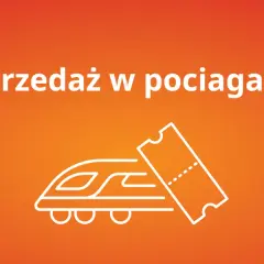 Sprzedaż w pociągach. Czy kupię bilet u konduktora? Grafika przedstawia pociąg i bilet.