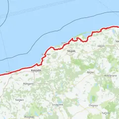 Mapa pokazuje trasę z Świnoujścia do Dąbków nad morzem.
