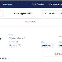 Promocje na bilety PKP: Warszawa - Kraków, śr. 10 grudnia. SuperCena na klasę 2 za 29 zł.