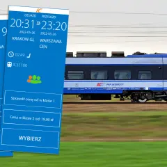 Dwa ekrany z rozkładem jazdy PKP Intercity pokazują podróż z Krakowa do Warszawy. To właśnie znaczy intercity – szybkie połączenia kolejowe.