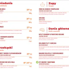 Menu restauracji z daniami głównymi, zupami i przekąskami. Wśród pozycji: żurek, kotlet schabowy, grillowany filet z kurczaka, makaron tagliatelle, ryż smażony z warzywami.