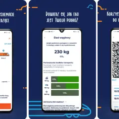 Aplikacja mobilna ic mobile navigator pokazuje wybór miejsc, ślad węglowy podróży i bilet offline.