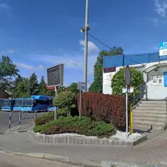 Chrzanów dworzec autobusowy. Niebieskie autobusy czekają na pasażerów, a kobieta w różowej sukience idzie w stronę budynku.