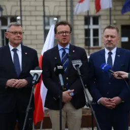 Trzech mężczyzn w garniturach przemawia do mikrofonów. W tle flagi Polski i Unii Europejskiej.
