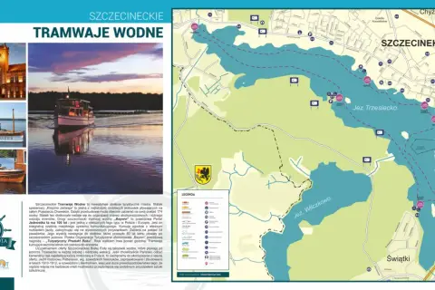Szczecineckie tramwaje wodne na mapie Jeziora Trzesiecko i Jeziora Wilczkowo. Zdjęcia statków i zabytkowego budynku.