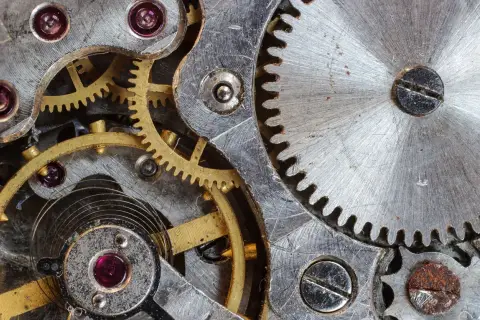 Mechanizm zegarka, zębatki i rubiny. Widać, ile pracuje maszynista, by wszystko działało precyzyjnie.