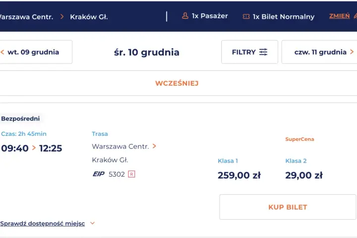 Promocje na bilety PKP: Warszawa - Kraków, śr. 10 grudnia. SuperCena na klasę 2 za 29 zł.