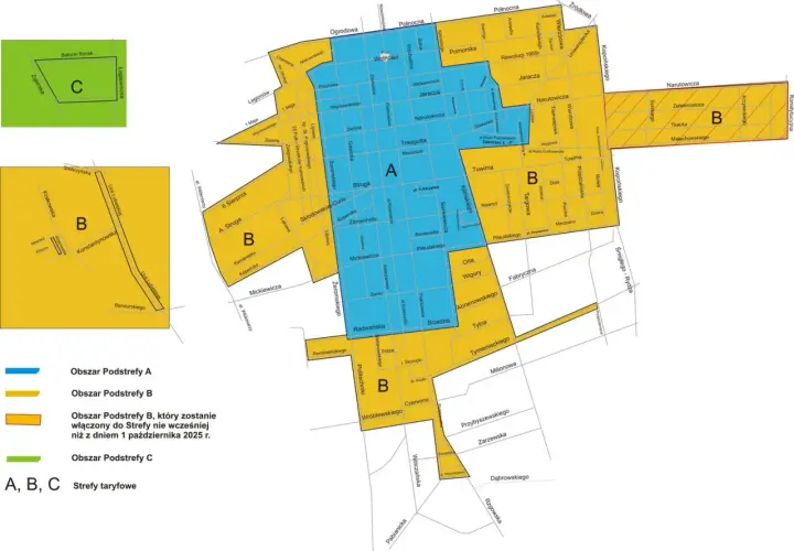Mapa stref płatnego parkowania w Łodzi. Jak wjechać na parking podziemny Łódź Fabryczna? Sprawdź strefę A (niebieska) i B (żółta).