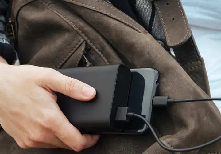 Ręka trzyma powerbank ładujący telefon. Podróżując, warto wiedzieć, czy w pociągu można ładować telefon.
