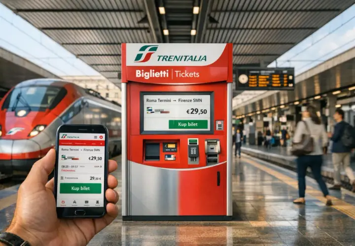 Na dworcu kolejowym, obok czerwonego automatu biletowego Trenitalia, trzymasz smartfon z aplikacją. Na ekranie telefonu widzisz informacje o pociągu, co pomoże Ci sprawdzić z którego peronu odjeżdża pociąg.