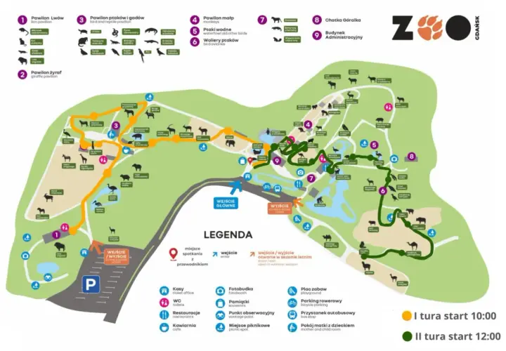 Mapa zoo w Gdańsku. Z dworca PKP dojedziesz tu autobusem, przystanek jest zaznaczony. Zoo oferuje pawilony z lwami, żyrafami, ptakami i małpami.
