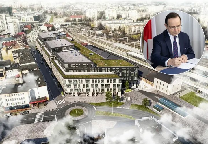 Nowoczesny dworzec autobusowy Rzeszów z zielonymi dachami i otaczającą infrastrukturą. W tle mężczyzna w garniturze podpisuje dokument.
