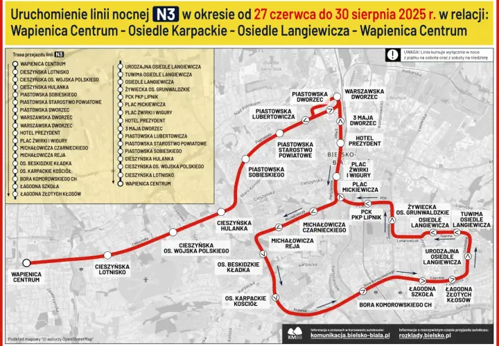 Mapa nocnej linii autobusowej N3 w Bielsku-Białej, trasa WAPNICA CENTRUM - OSIEDLE KARPACKIE - OSIEDLE LANGIEWICZA.