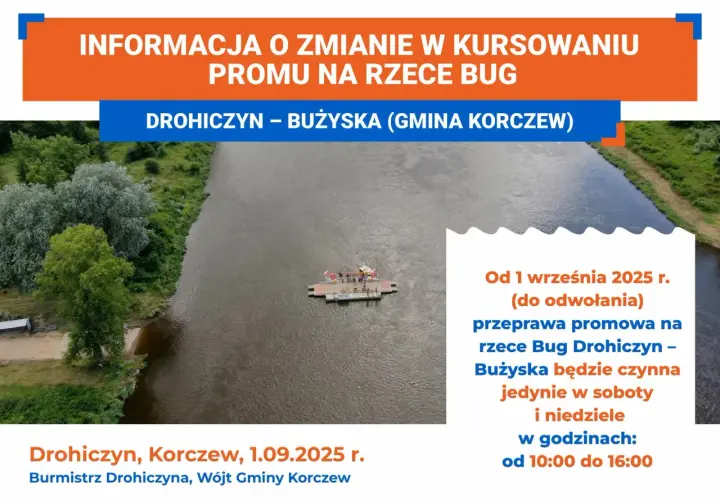 Przystań promowa Drohiczyn – Bużyska na rzece Bug. Prom kursuje w weekendy od 10:00 do 16:00.