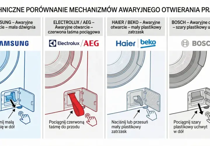 Ilustracja porównująca awaryjne otwieranie drzwi pralek marek Samsung, Electrolux/AEG, Haier/Beko i Bosch.