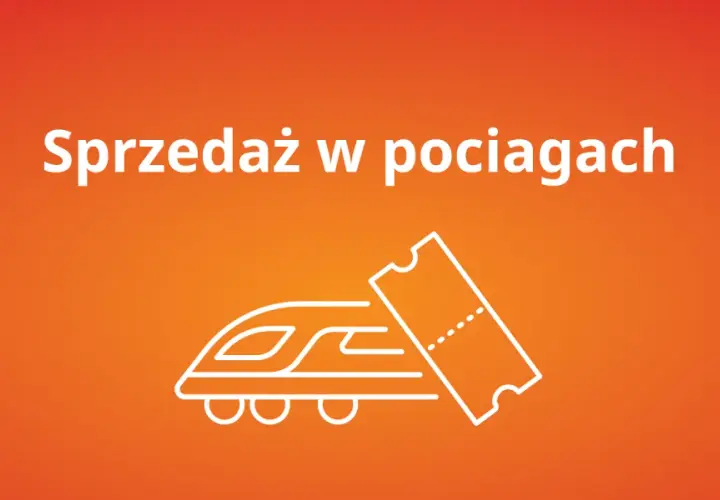 Sprzedaż w pociągach. Czy kupię bilet u konduktora? Grafika przedstawia pociąg i bilet.