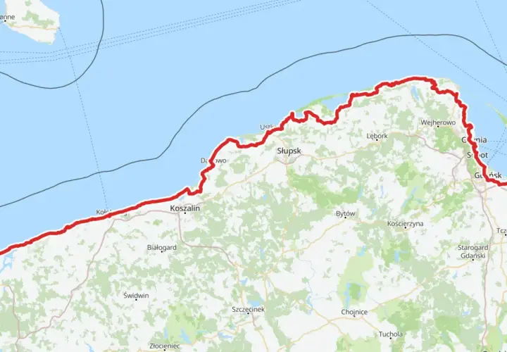 Mapa pokazuje trasę z Świnoujścia do Dąbków nad morzem.