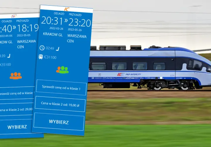 Dwa ekrany z rozkładem jazdy PKP Intercity pokazują podróż z Krakowa do Warszawy. To właśnie znaczy intercity – szybkie połączenia kolejowe.