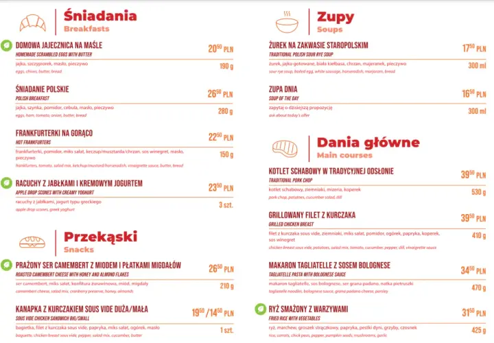 Menu restauracji z daniami głównymi, zupami i przekąskami. Wśród pozycji: żurek, kotlet schabowy, grillowany filet z kurczaka, makaron tagliatelle, ryż smażony z warzywami.