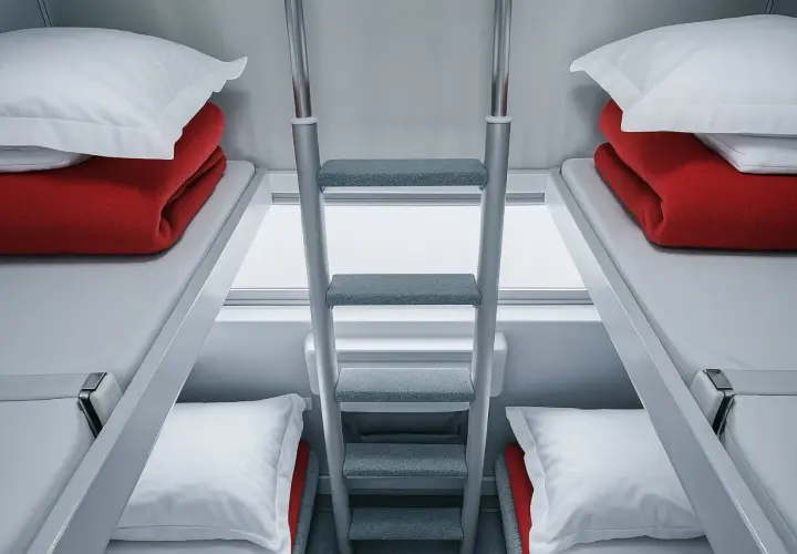Wagon sypialny Pendolino z dwoma piętrowymi łóżkami, pościelonymi białymi poduszkami i czerwonymi kocami. Drabinka ułatwia dostęp do górnego łóżka.