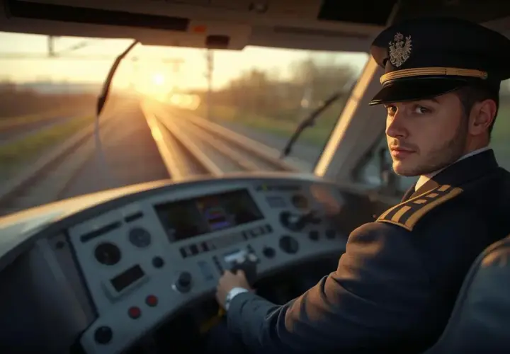 Maszynista Intercity w kabinie, patrzący w obiektyw. Zachód słońca za oknem. Ciekawe, ile zarabia maszynista w Intercity?