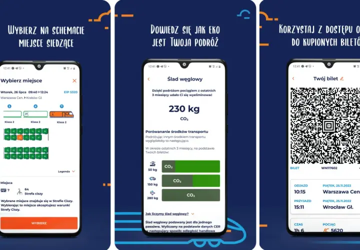Aplikacja mobilna ic mobile navigator pokazuje wybór miejsc, ślad węglowy podróży i bilet offline.