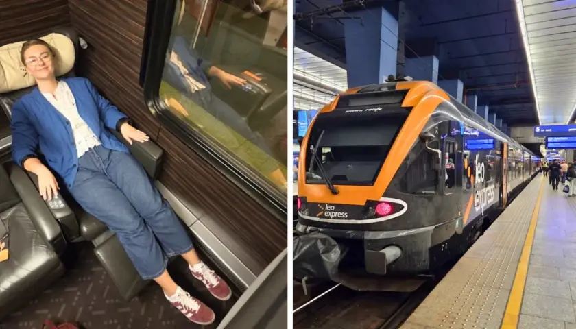 Kobieta w wygodnym fotelu w pociągu Leo Express na trasie Warszawa-Kraków. Pociąg na peronie.