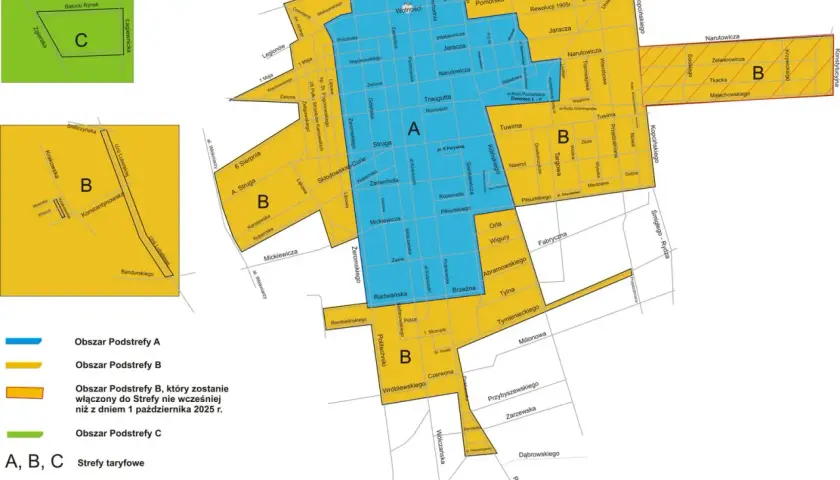 Mapa stref płatnego parkowania w Łodzi. Jak wjechać na parking podziemny Łódź Fabryczna? Sprawdź strefę A (niebieska) i B (żółta).