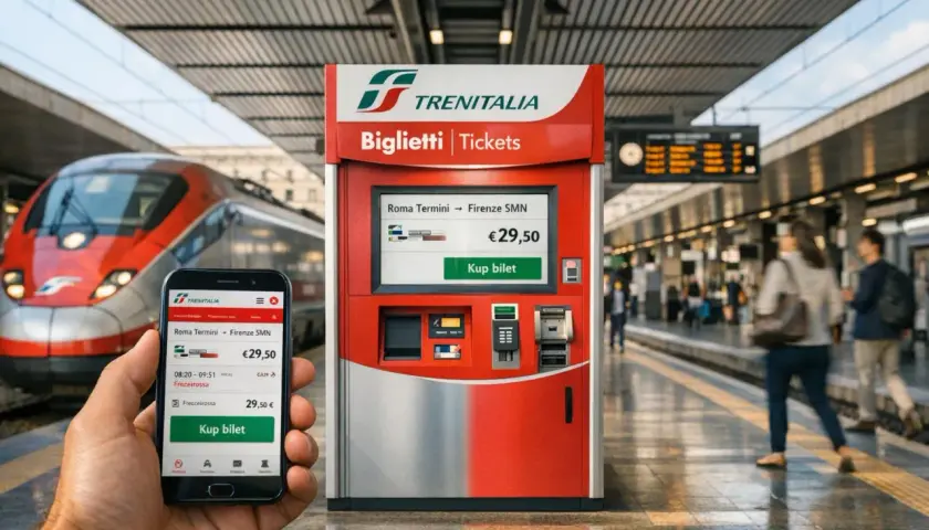 Na dworcu kolejowym, obok czerwonego automatu biletowego Trenitalia, trzymasz smartfon z aplikacją. Na ekranie telefonu widzisz informacje o pociągu, co pomoże Ci sprawdzić z którego peronu odjeżdża pociąg.