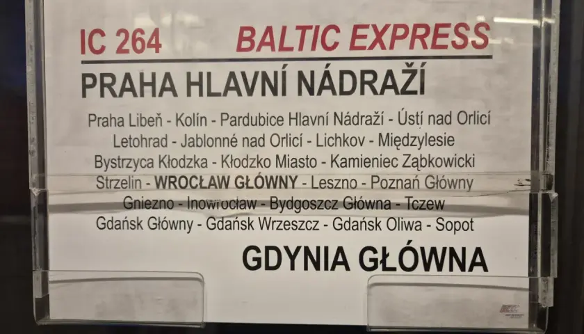 IC 264 Baltic Express: bilety na pociąg z Pragi do Gdyni przez Wrocław.