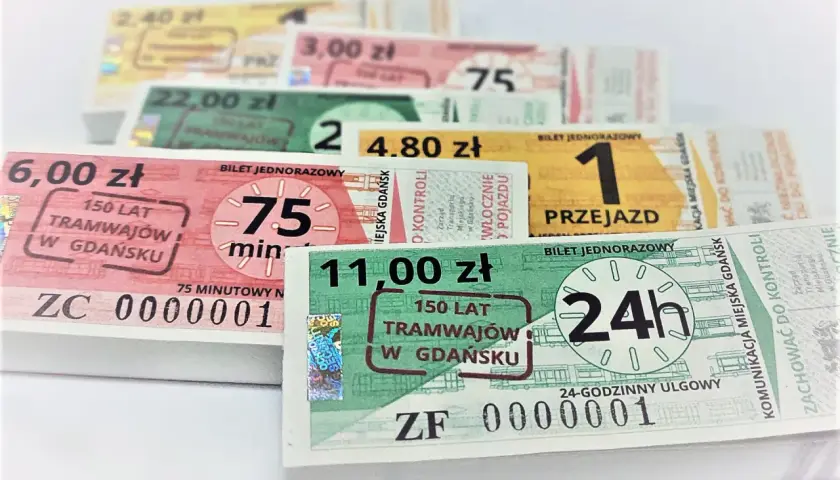 Różne bilety komunikacji miejskiej w Gdańsku, pokazujące jak działa bilet miesięczny i jednorazowy.