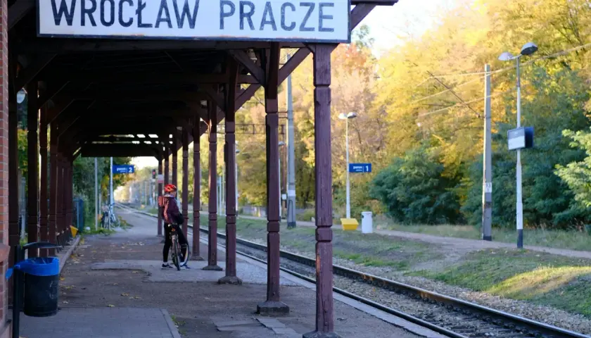 Na stacji Wrocław Pracze, pod drewnianą wiatą, osoba na rowerze czeka na pociąg TLK. Jesienne drzewa w tle.