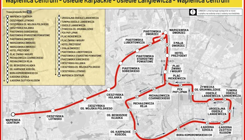 Mapa nocnej linii autobusowej N3 w Bielsku-Białej, trasa WAPNICA CENTRUM - OSIEDLE KARPACKIE - OSIEDLE LANGIEWICZA.