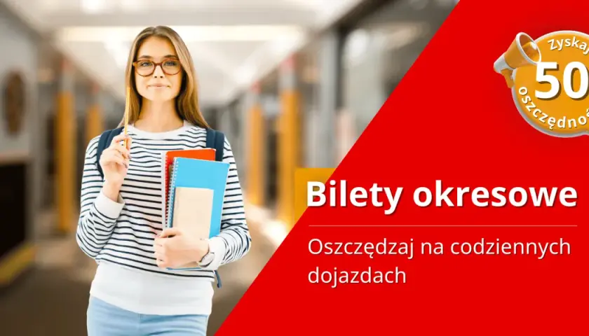 Młoda studentka z zeszytami i ołówkiem, obok napis "Bilety okresowe" i informacja o zniżce 50%. Czy są bilety tygodniowe PKP?