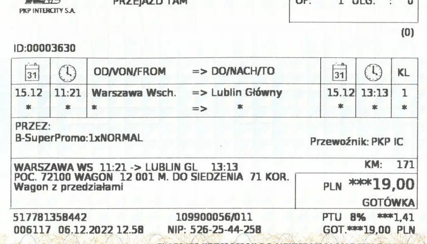 Bilet PKP Intercity: seria 517781358442, numer 006117. Podróż z Warszawy Wsch. do Lublina Głównego.