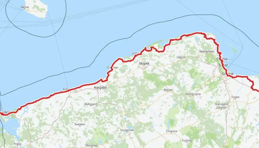 Mapa pokazuje trasę z Świnoujścia do Dąbków nad morzem.