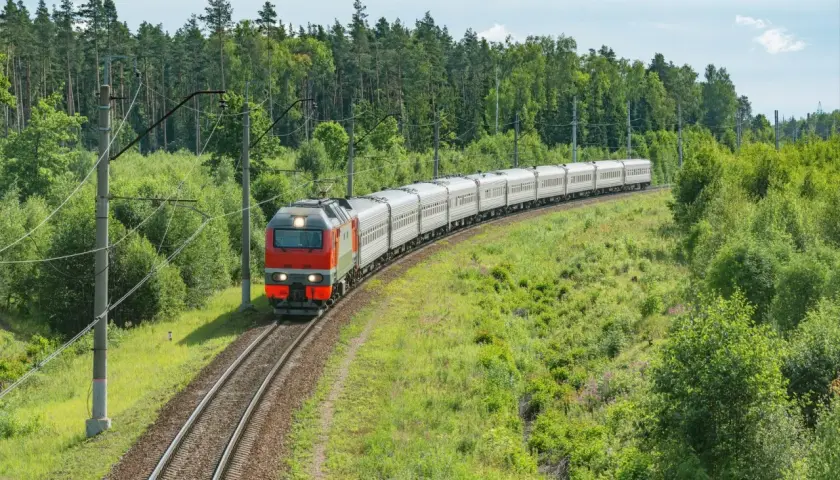 Pociąg TLK z czerwoną lokomotywą jedzie po torach wśród zielonych drzew i krzewów.