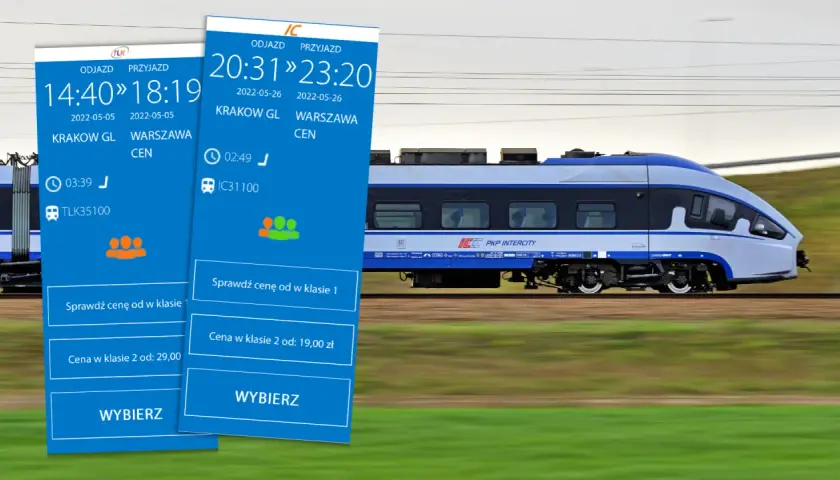 Dwa ekrany z rozkładem jazdy PKP Intercity pokazują podróż z Krakowa do Warszawy. To właśnie znaczy intercity – szybkie połączenia kolejowe.