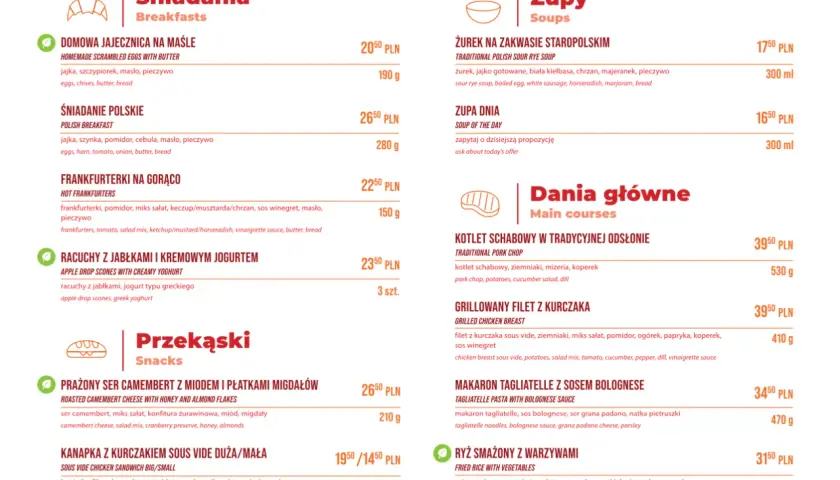 Menu restauracji z daniami głównymi, zupami i przekąskami. Wśród pozycji: żurek, kotlet schabowy, grillowany filet z kurczaka, makaron tagliatelle, ryż smażony z warzywami.