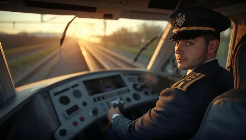 Maszynista Intercity w kabinie, patrzący w obiektyw. Zachód słońca za oknem. Ciekawe, ile zarabia maszynista w Intercity?