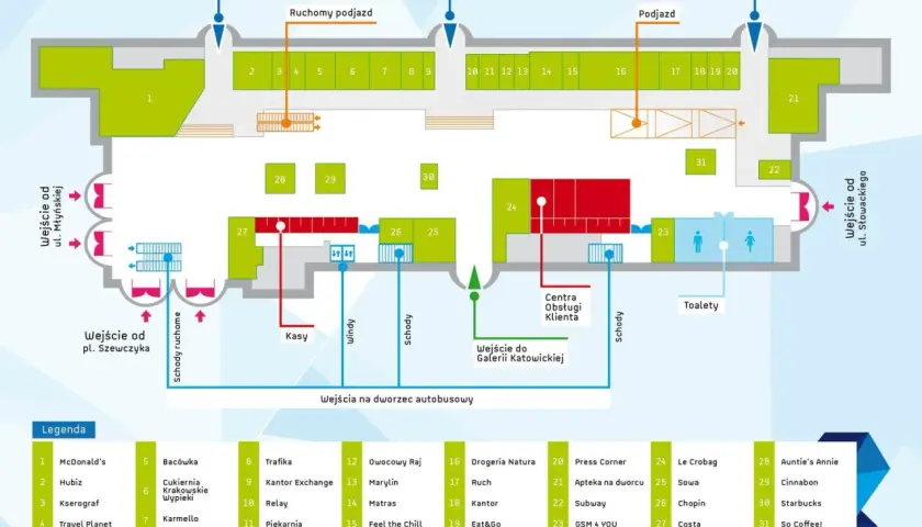 Mapa dworca PKP Katowice: gdzie zaparkować w Katowicach przy dworcu PKP? Zobacz schemat wejść, podjazdów i lokalizacji punktów usługowych.
