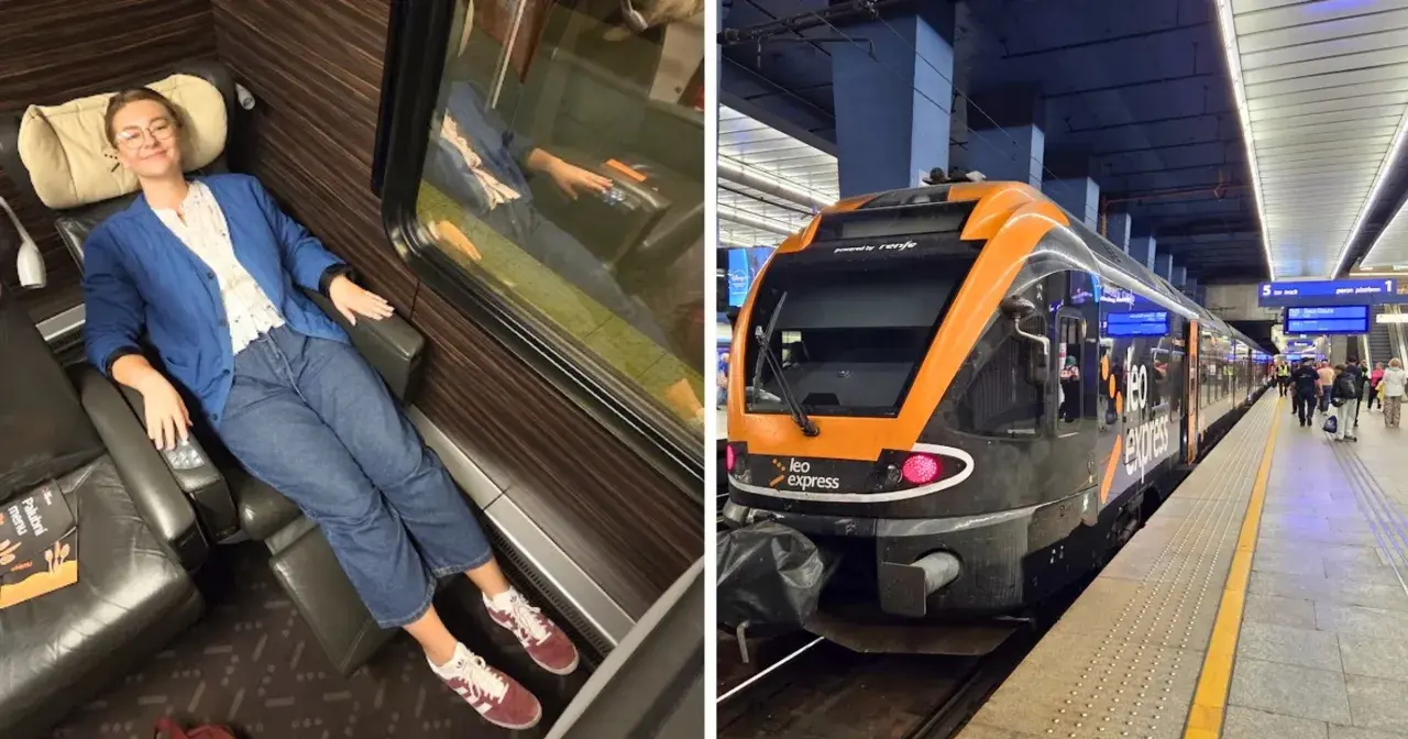 Kobieta w wygodnym fotelu w pociągu Leo Express na trasie Warszawa-Kraków. Pociąg na peronie.