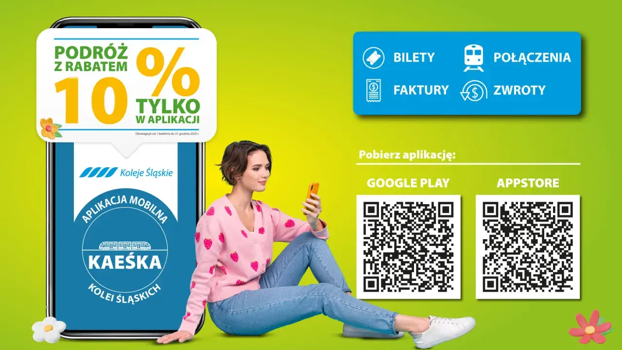 Kobieta z telefonem szuka promocji PKP. Aplikacja Kolei Śląskich oferuje 10% rabatu na podróże.