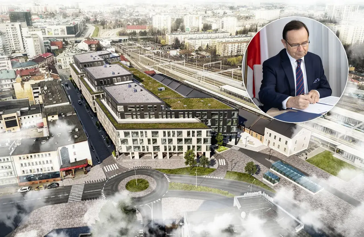 Nowoczesny dworzec autobusowy Rzeszów z zielonymi dachami i otaczającą infrastrukturą. W tle mężczyzna w garniturze podpisuje dokument.